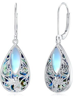 Women's Sterling Silver Teardrop Abalone Shell Drop Dragonfly Filigree Earrings